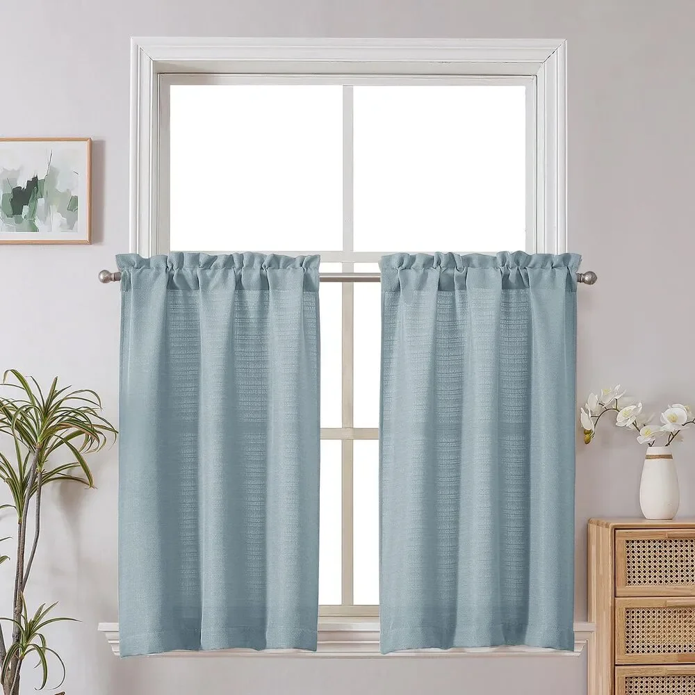 Set of 2 Curtain Panels, 30x24 inch, Kitchen Faux Linen Textured (Aqua)